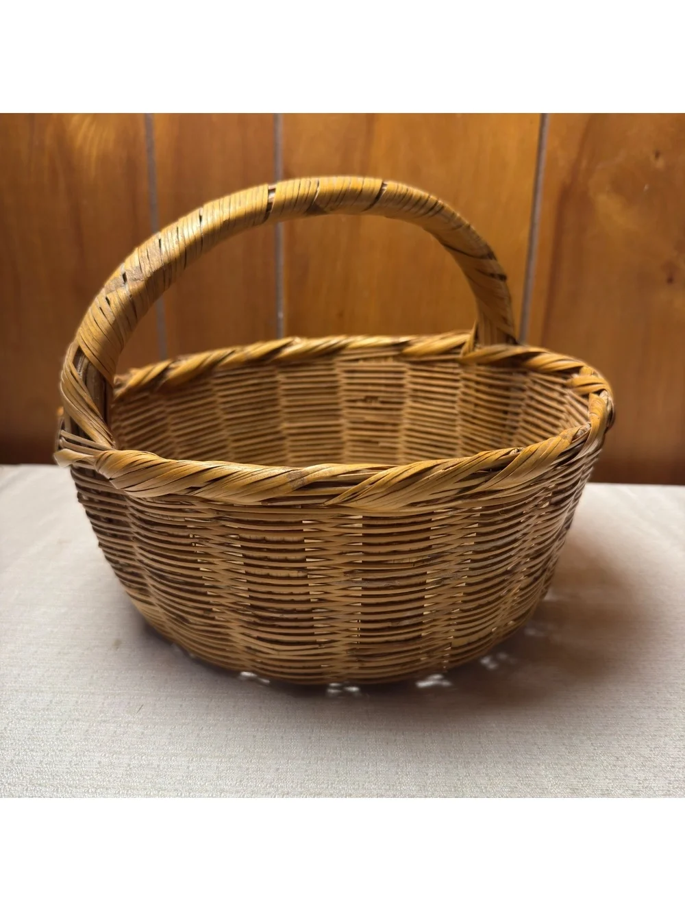 Vintage Woven Wicker Gathering Basket Round Rustic Farmhouse 11x11x8